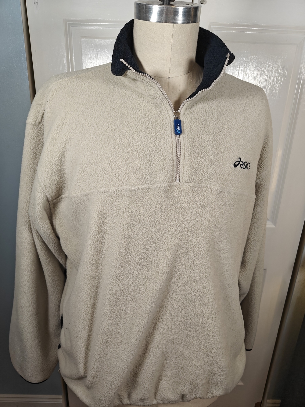 Vintage 90s ASICS Mens XXL Cream Navy Trim Half Zip Fleece Pullover Sweater
